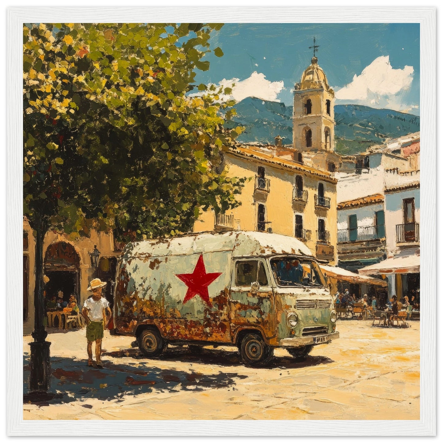 Siesta in the Square: The Old Estrella Van White Wooden Frame