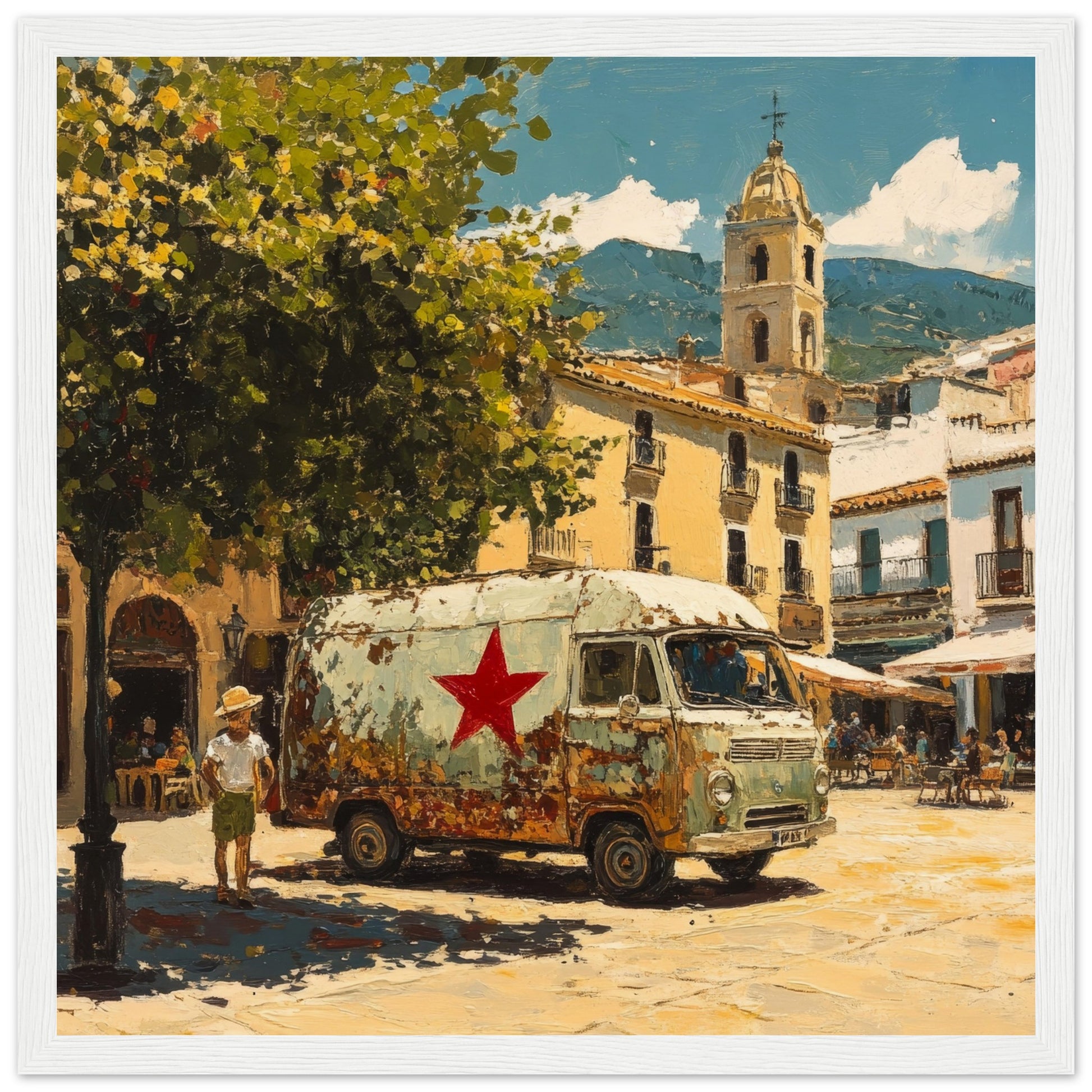 Siesta in the Square: The Old Estrella Van White Wooden Frame