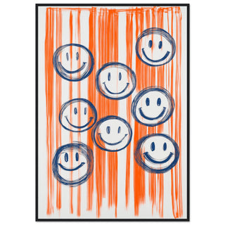 Smiles for Days: The Joyful Parade - Blue on Orange Art Print Black Frame