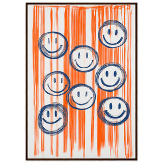 Smiles for Days: The Joyful Parade - Blue on Orange Art Print Dark Wood Frame