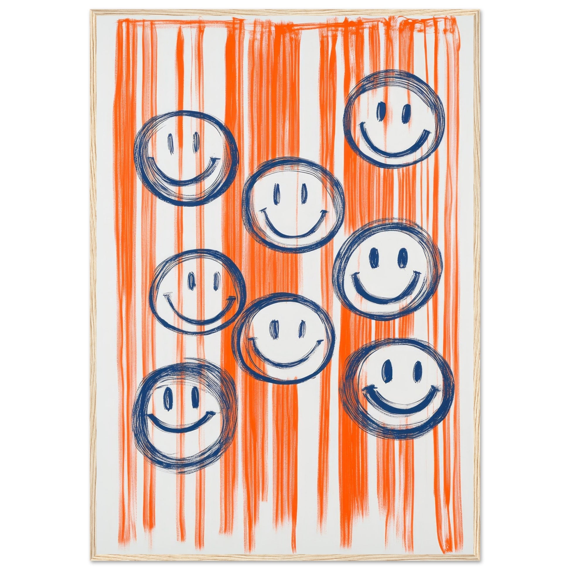 Smiles for Days: The Joyful Parade - Blue on Orange Art Print Light Wood Frame