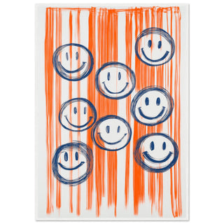 Smiles for Days: The Joyful Parade - Blue on Orange Art Print White Frame