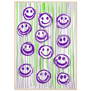 Smiles for Days: The Joyful Parade - Purple on Green Art Print Light Wood Frame