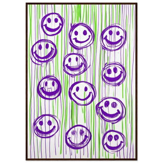 Smiles for Days: The Joyful Parade - Purple on Green Art Print Dark Wood Frame