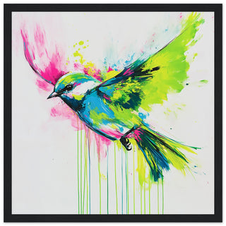 Songbird in Neon Flight - A Vibrant Explosion of Colour Art Print Black Frame