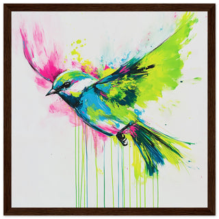Songbird in Neon Flight - A Vibrant Explosion of Colour Art Print Dark Wood Frame