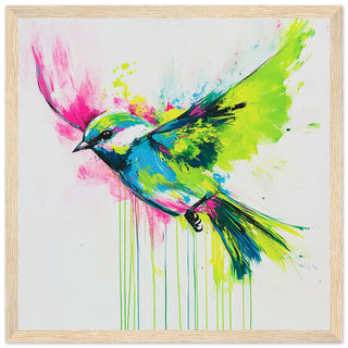 Songbird in Neon Flight - A Vibrant Explosion of Colour Art Print Light Wood Frame