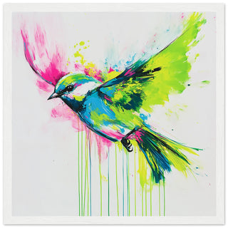 Songbird in Neon Flight - A Vibrant Explosion of Colour Art Print White Frame