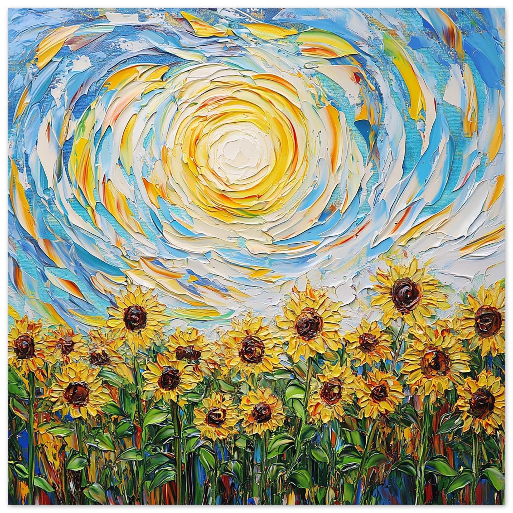 Sunflower Meadow Under a Swirling Sky Art Print