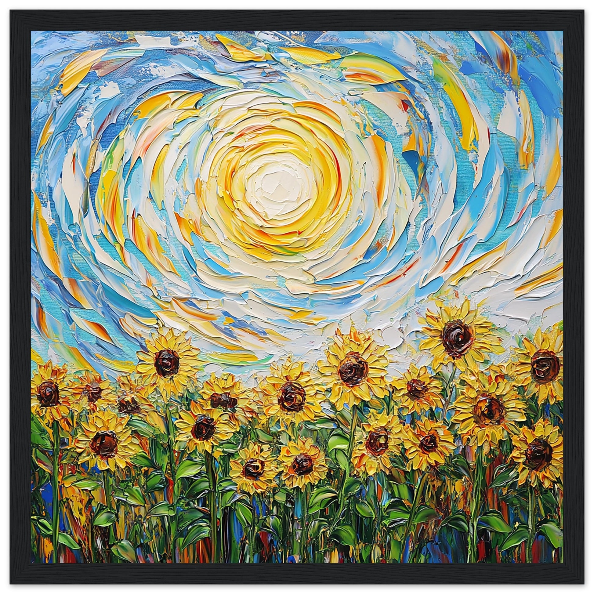 Sunflower Meadow Under a Swirling Sky Art Print Black Frame