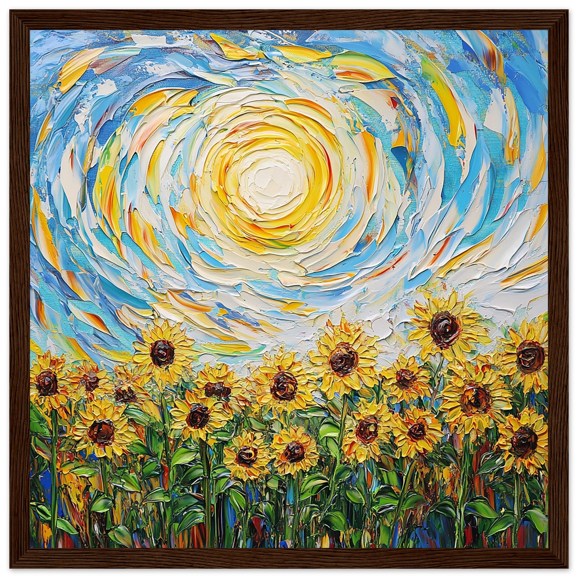Sunflower Meadow Under a Swirling Sky Art Print Dark Wood Frame