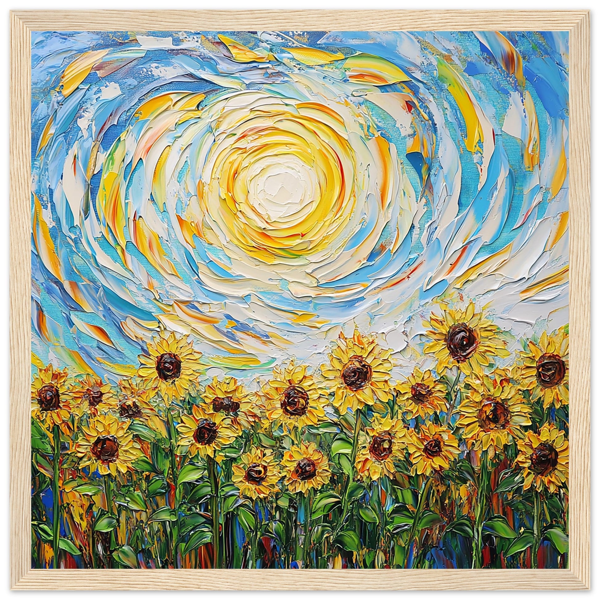 Sunflower Meadow Under a Swirling Sky Art Print Light Wood Frame