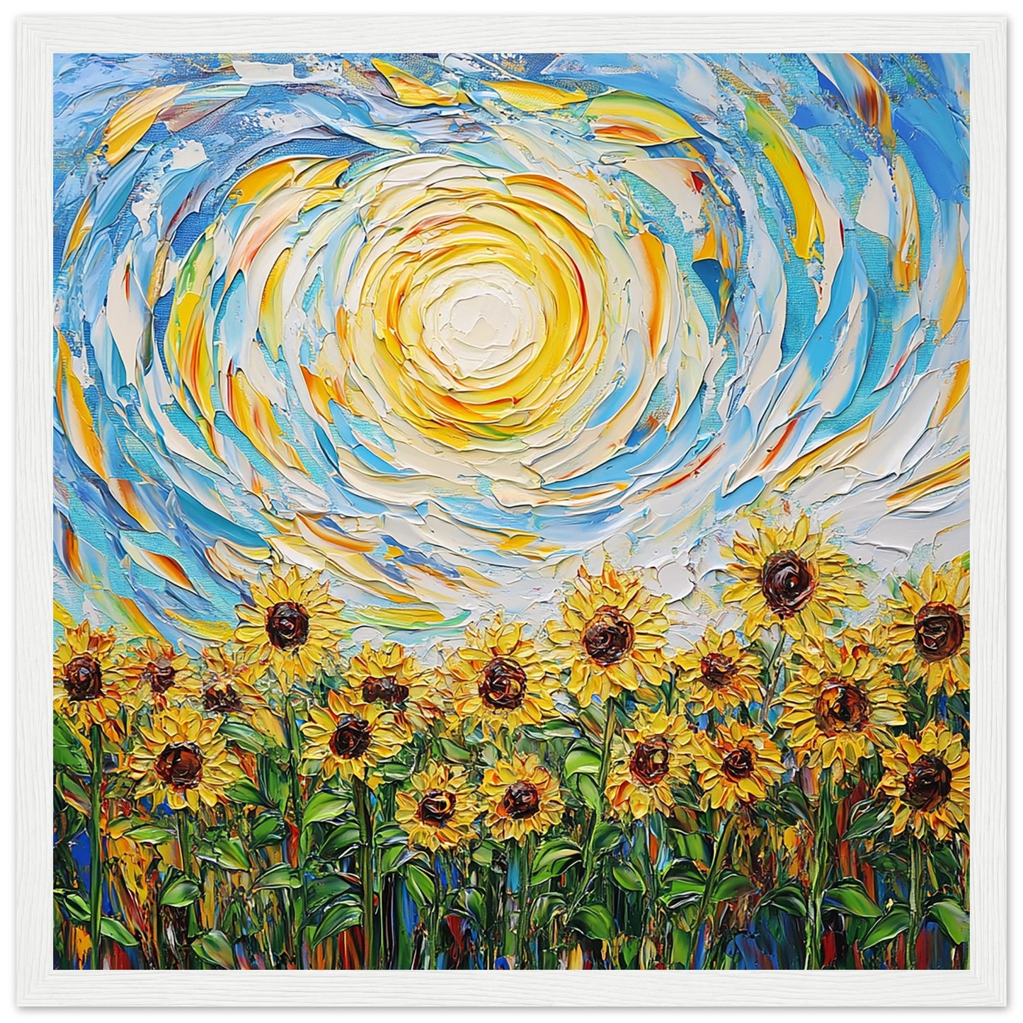 Sunflower Meadow Under a Swirling Sky Art Print White Frame