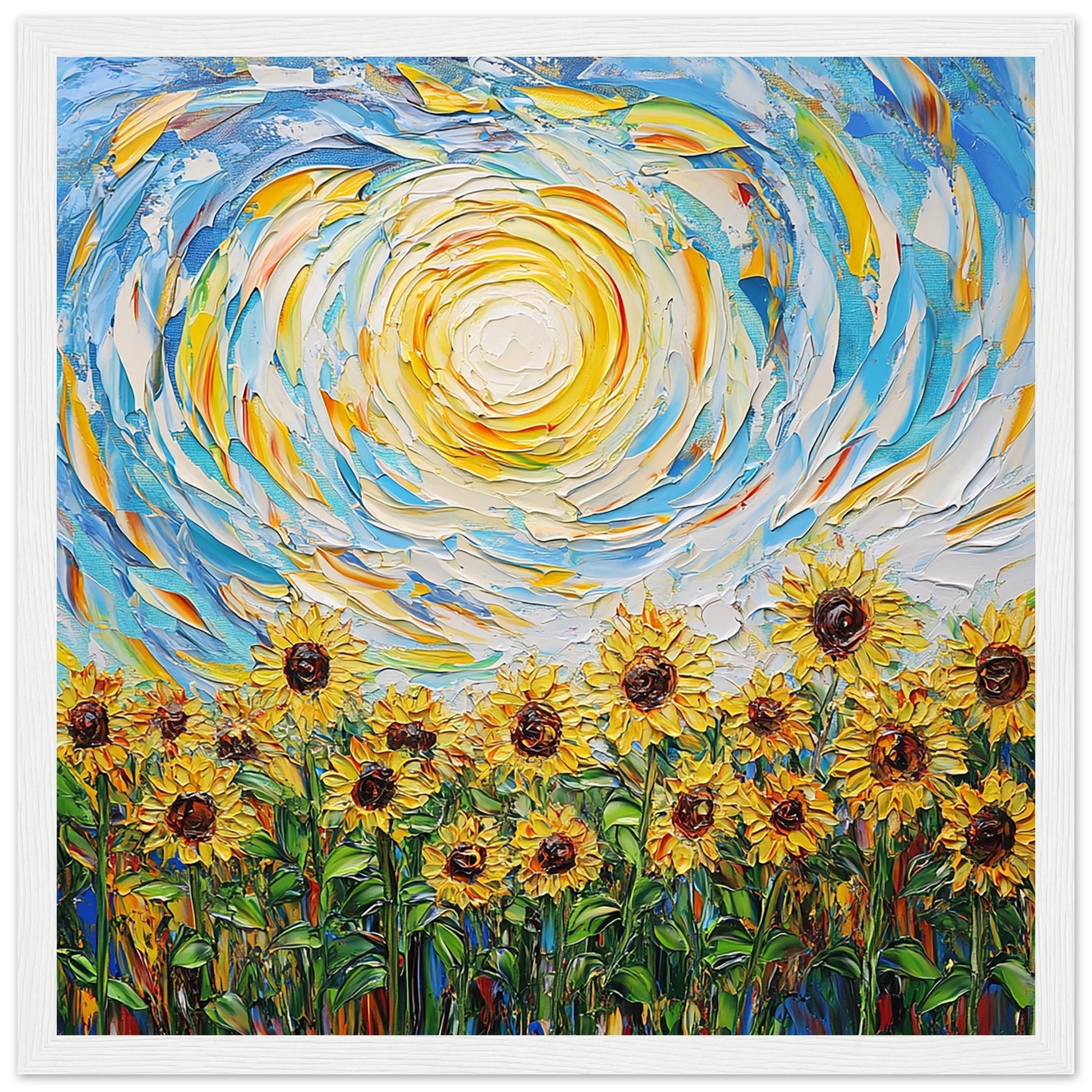 Sunflower Meadow Under a Swirling Sky Art Print White Frame
