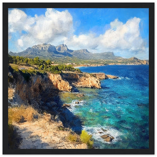Sunlit Cliffs of Majorca Coastline Art Print Black Frame
