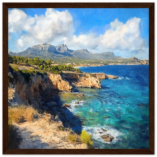 Sunlit Cliffs of Majorca Coastline Art Print Dark Wood Frame