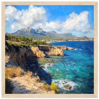 Sunlit Cliffs of Majorca Coastline Art Print Light Wood Frame