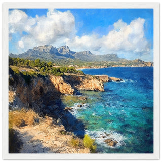 Sunlit Cliffs of Majorca Coastline Art Print White Frame