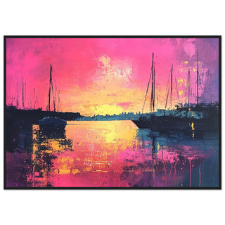 Sunset Harbour Seascape in Vibrant Pink and Orange Black Wood Framed Art Print