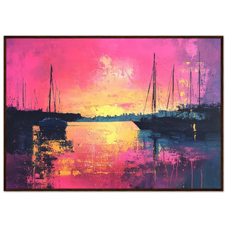 Sunset Harbour Seascape in Vibrant Pink and Orange Dark Wood Framed Art Print