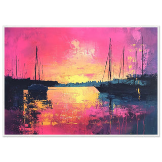 Sunset Harbour Seascape in Vibrant Pink and Orange White Wood Framed Art Print