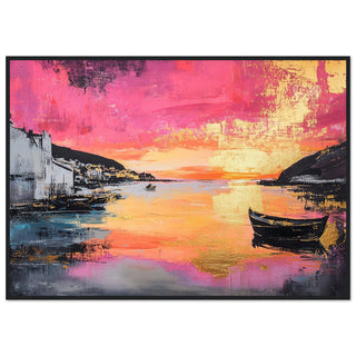 Sunset Harbour Seascape with Bold Gold and Pink Accents Black Wood Frame Art Print