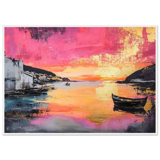 Sunset Harbour Seascape with Bold Gold and Pink Accents White Wood Frame Art Print