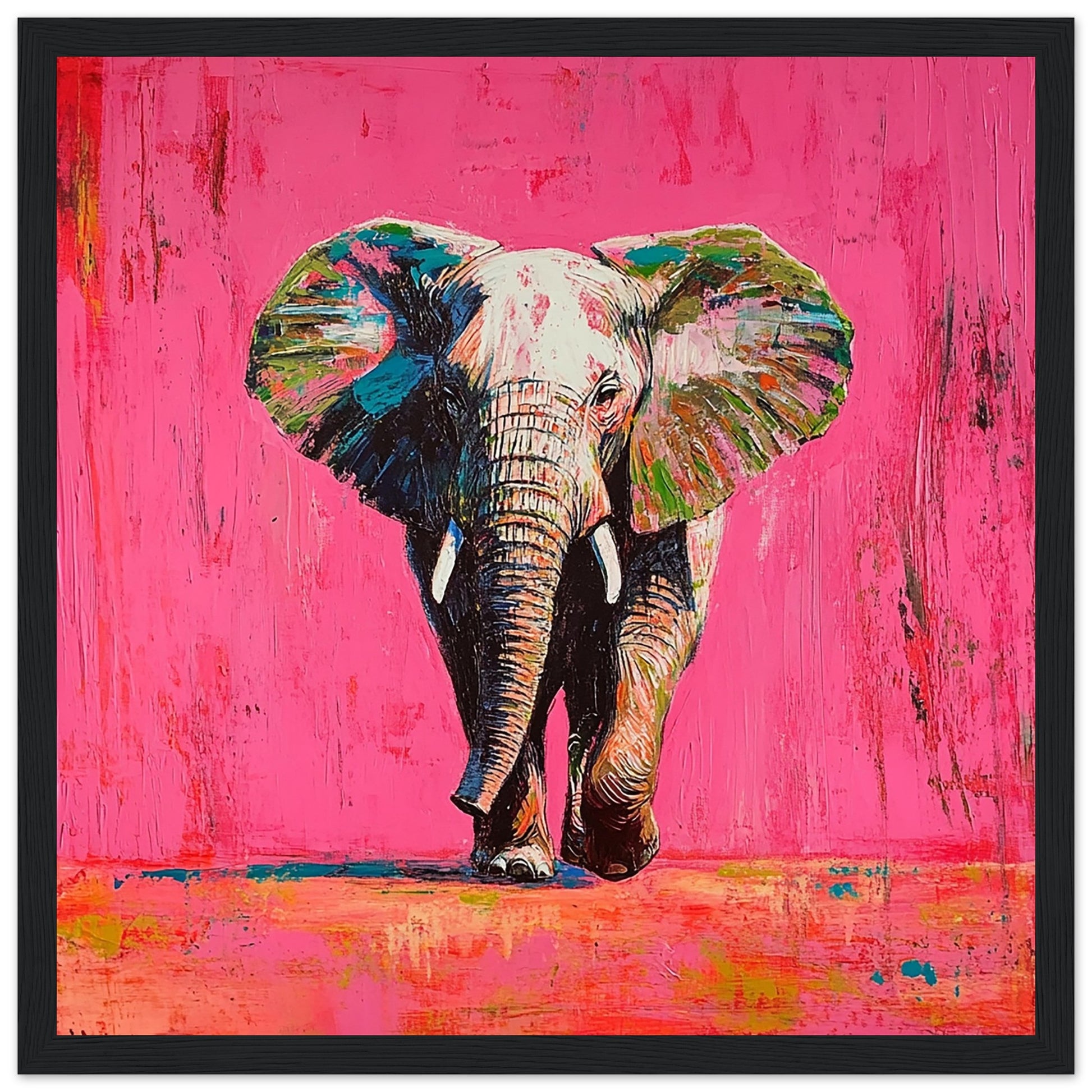 Vibrant African Elephant Art Print Black Frame