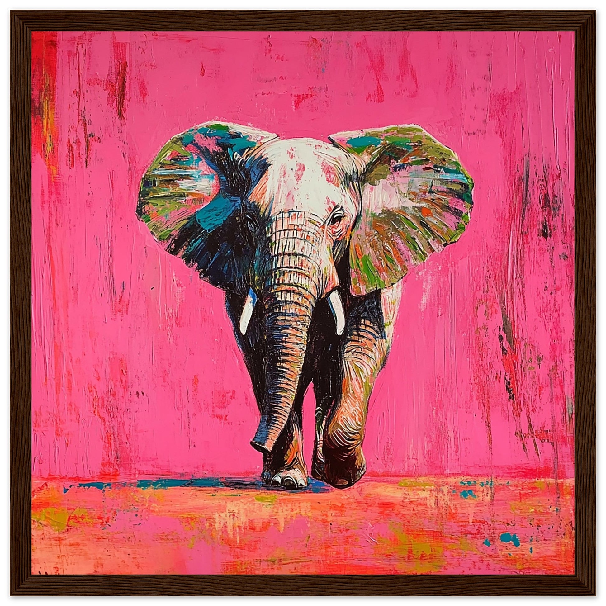 Vibrant African Elephant Art Print Dark Wood Frame