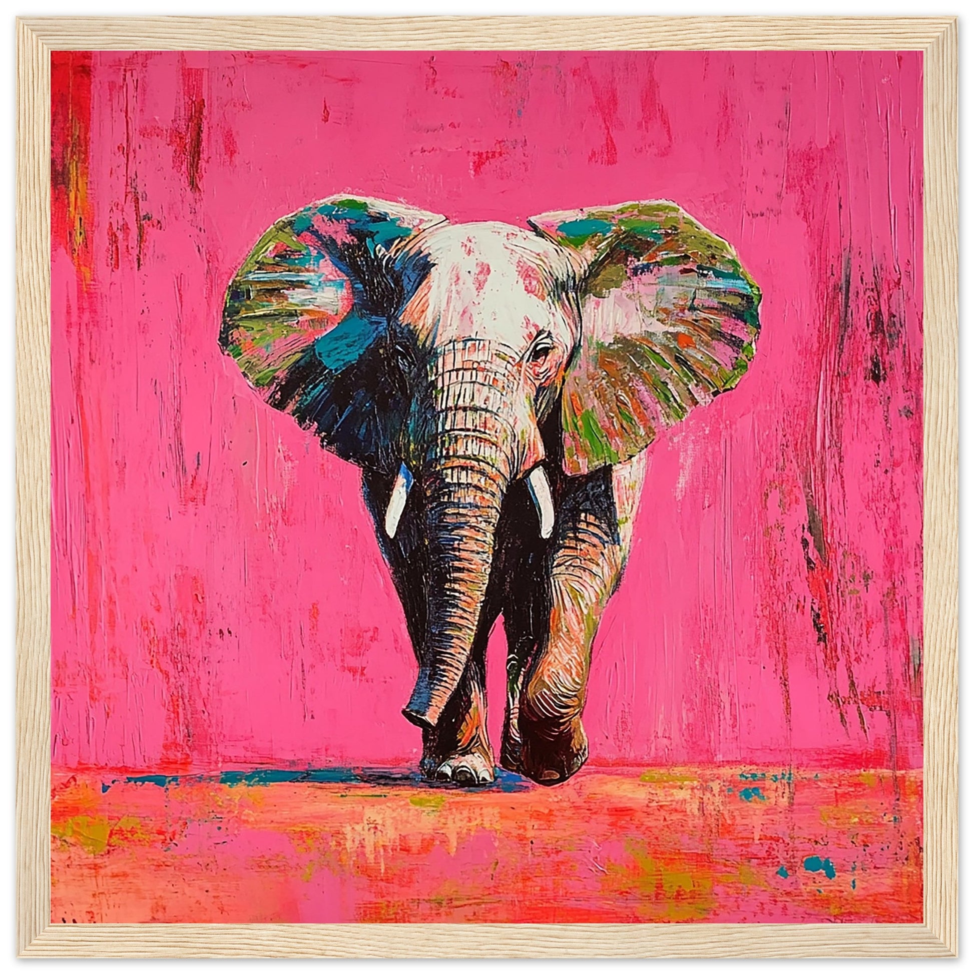 Vibrant African Elephant Art Print LightWood Frame