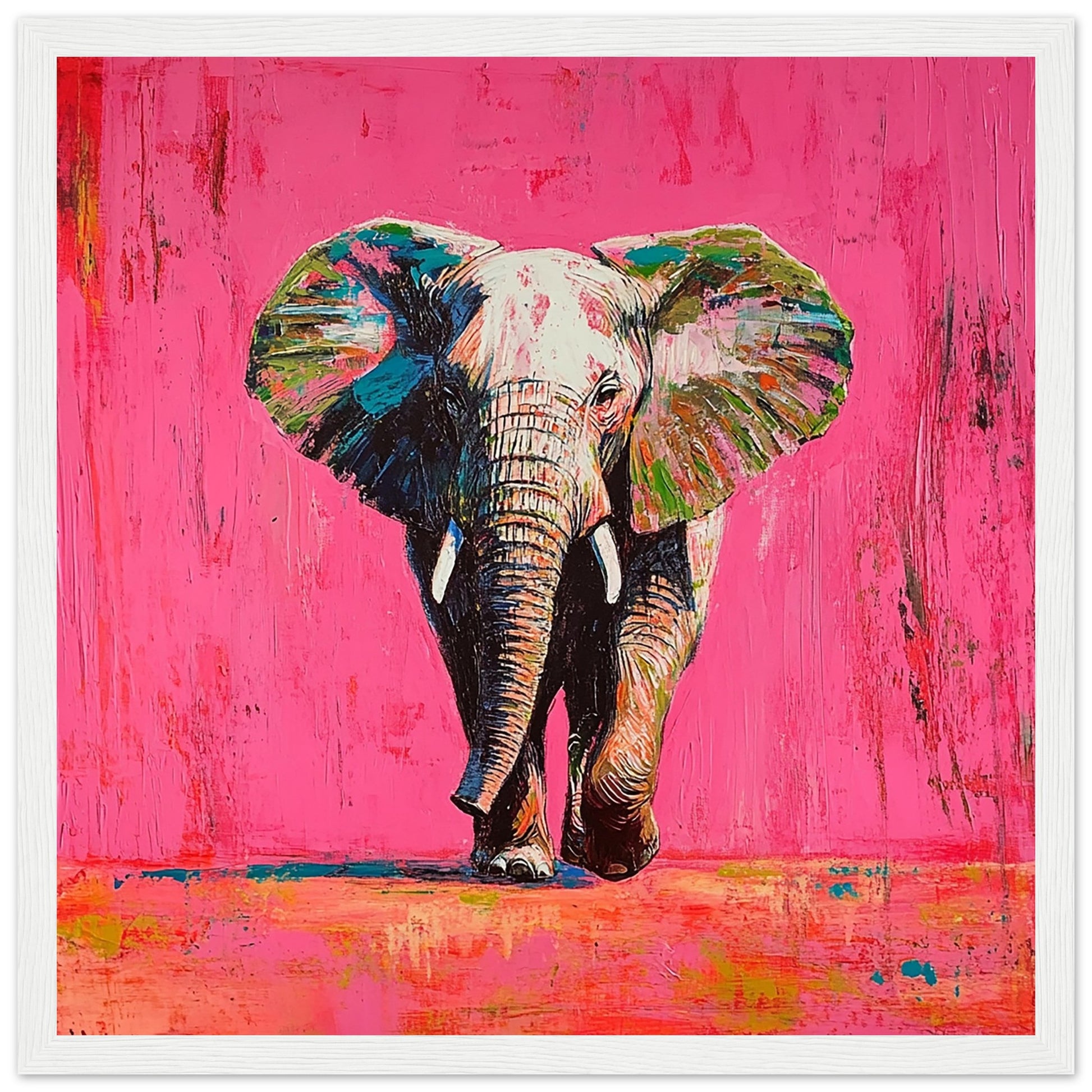 Vibrant African Elephant Art Print White Frame