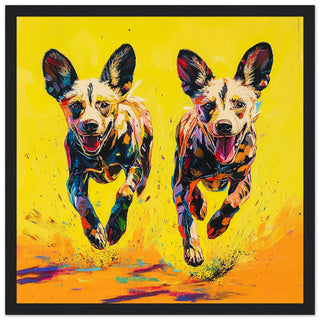 Vibrant African Wild Dogs in Motion Art Print Black Frame