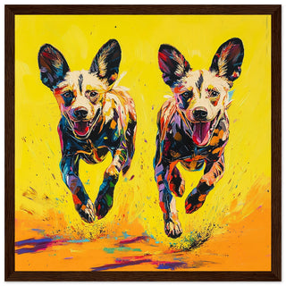 Vibrant African Wild Dogs in Motion Art Print Dark Wood Frame