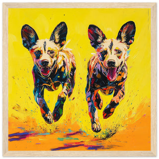 Vibrant African Wild Dogs in Motion Art Print Light Wood Frame