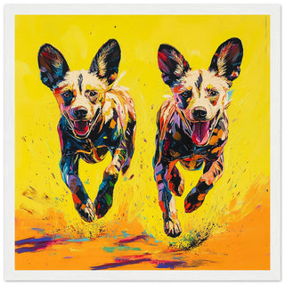 Vibrant African Wild Dogs in Motion Art Print White Frame