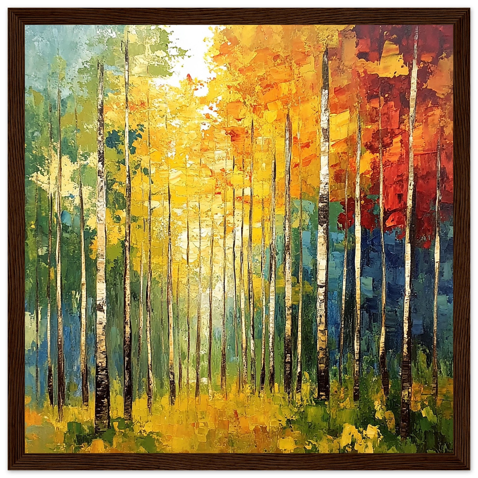 Vibrant Autumn Forest in Abstract Brush Strokes Dark Wood Frame Large Art Print
