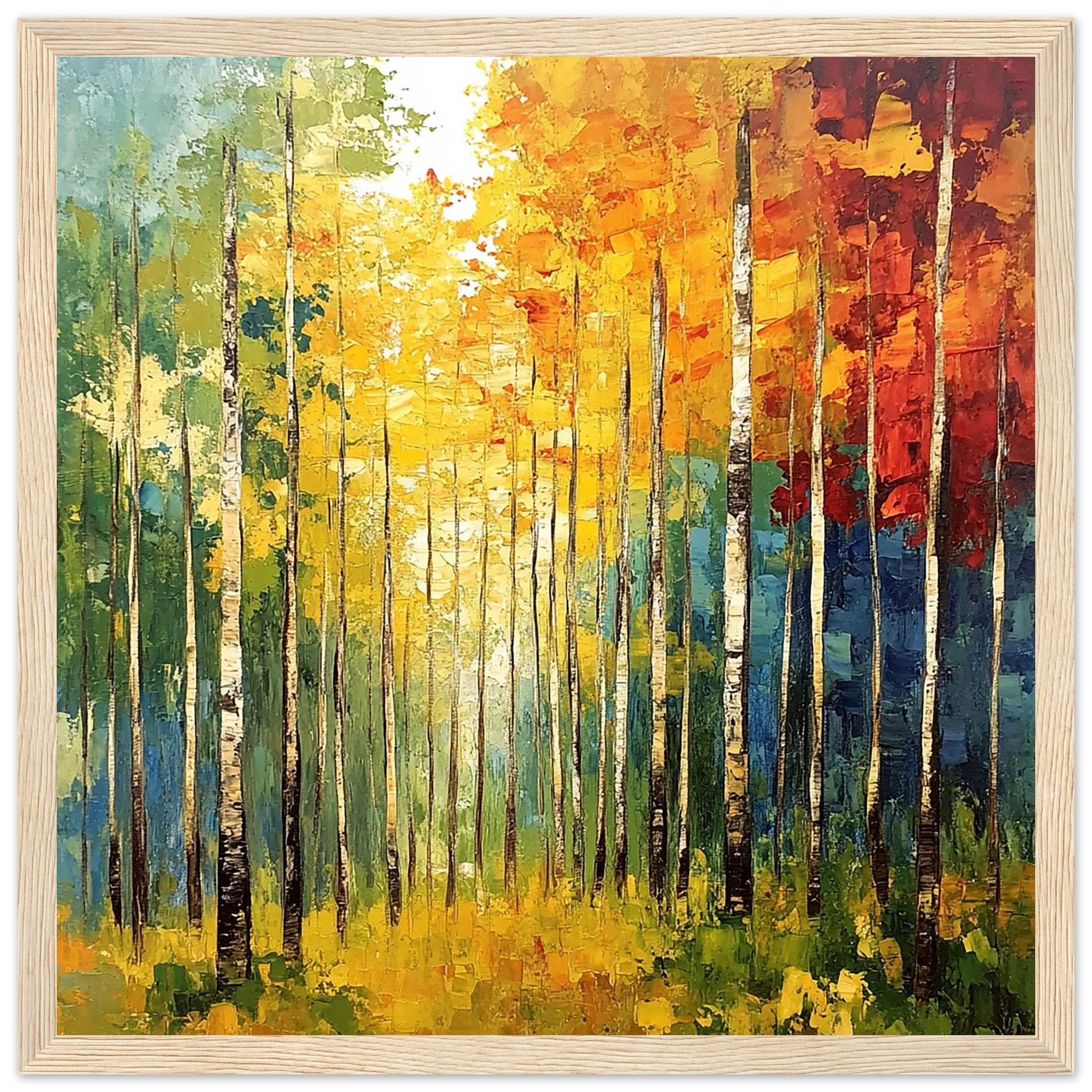 Vibrant Autumn Forest in Abstract Brush Strokes Light Wood Frame Large Art Print