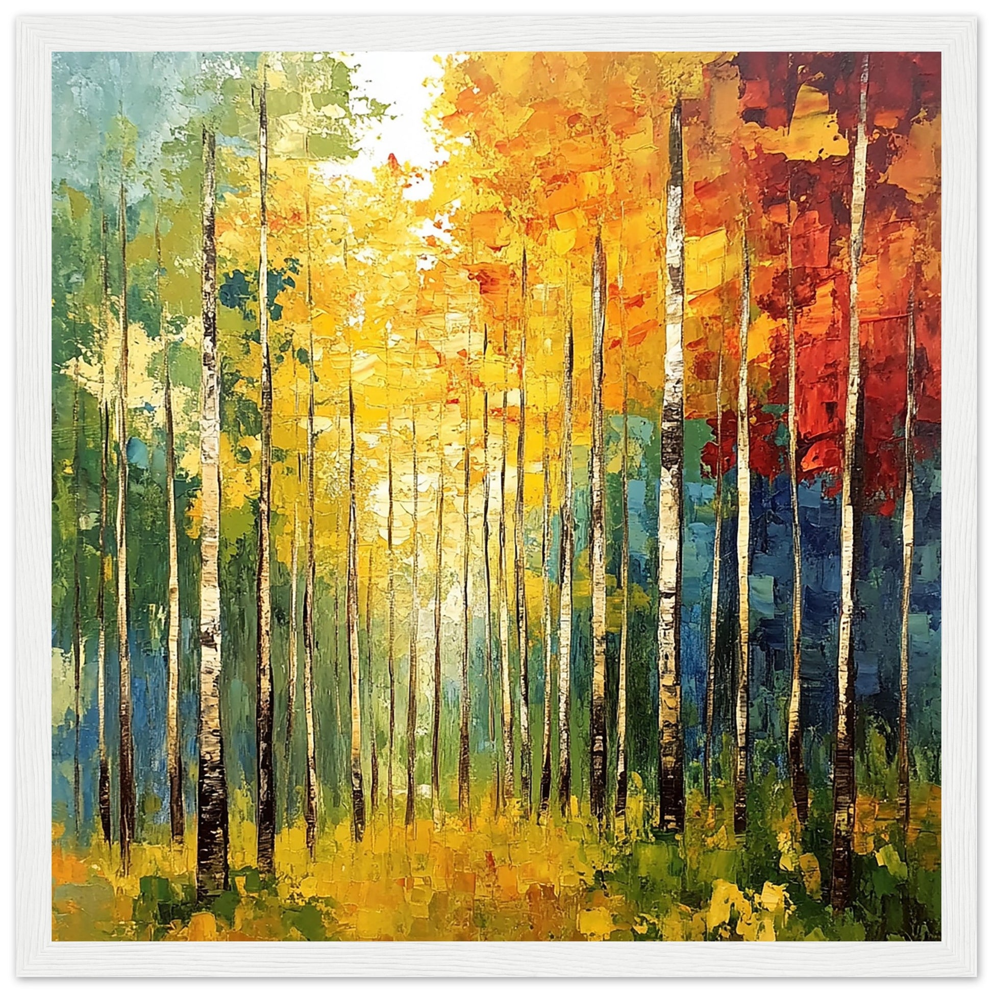 Vibrant Autumn Forest in Abstract Brush Strokes White Wood Frame Large Art Print