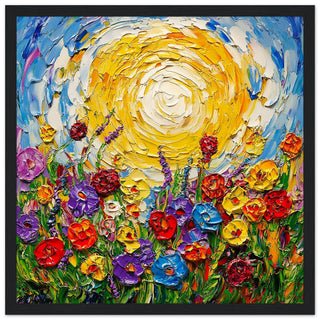 Vibrant Floral Meadow Under Radiant Sun Art Print Black Frame