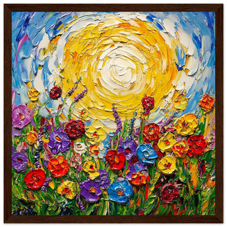Vibrant Floral Meadow Under Radiant Sun Art Print Dark Wood Frame