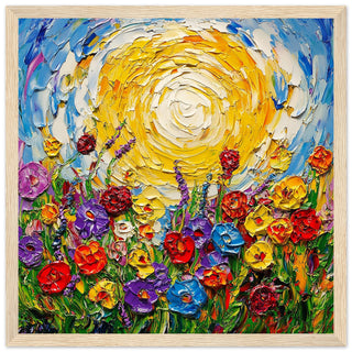 Vibrant Floral Meadow Under Radiant Sun Art Print Light Wood Frame