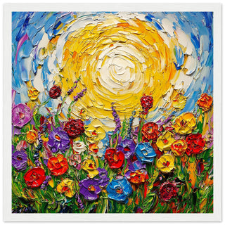 Vibrant Floral Meadow Under Radiant Sun Art Print White Frame