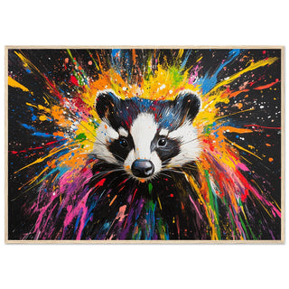 Vibrant Neon Badger Splash Art Print Light Wood Frame