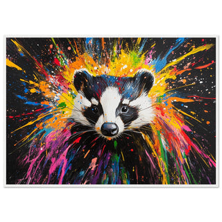 Vibrant Neon Badger Splash Art Print White Frame
