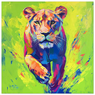 Vibrant Neon Lioness Charging Forward Art Print