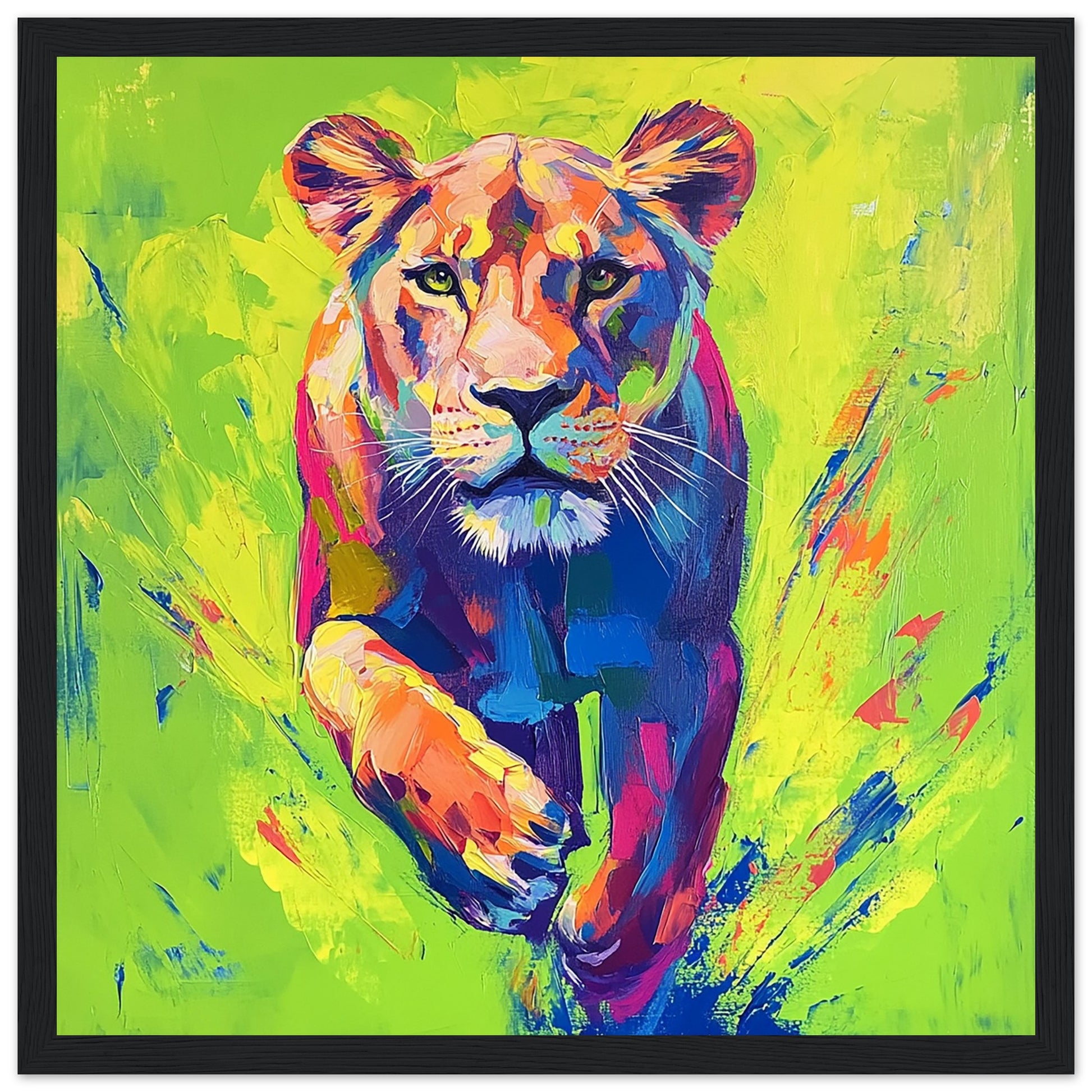 Vibrant Neon Lioness Charging Forward Art Print Black Frame