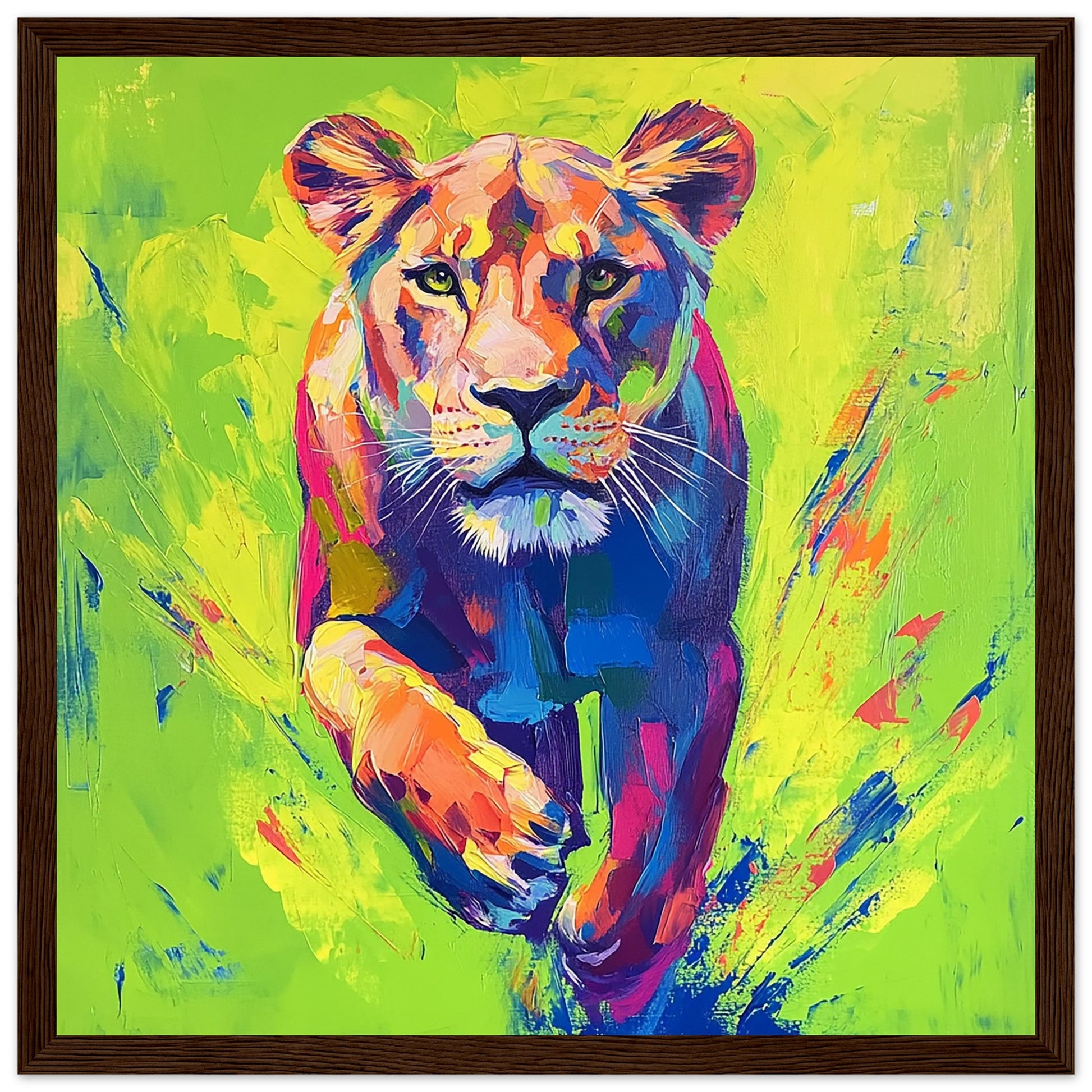 Vibrant Neon Lioness Charging Forward Art Print Dark Wood Frame