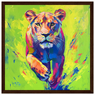 Vibrant Neon Lioness Charging Forward Art Print Dark Wood Frame