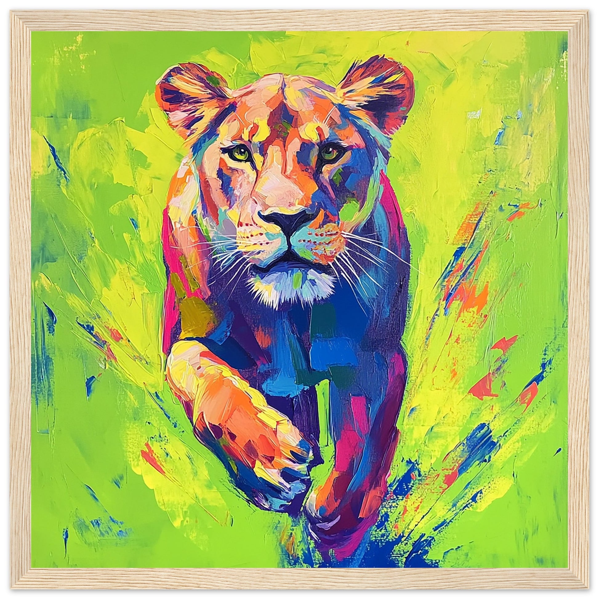 Vibrant Neon Lioness Charging Forward Art Print Light Wood Frame