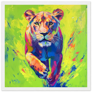 Vibrant Neon Lioness Charging Forward Art Print White Frame